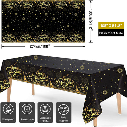3-Piece New Year Tablecloths – Black & Gold Star Fireworks Design for 2026