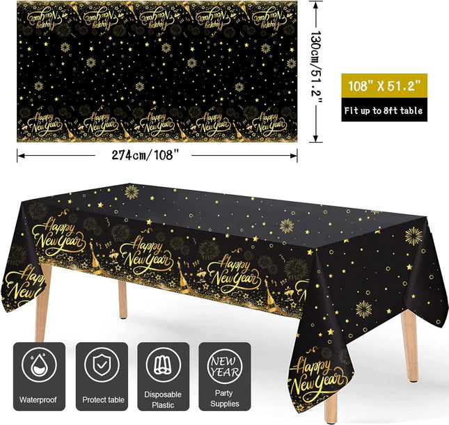 3-Piece New Year Tablecloths – Black & Gold Star Fireworks Design for 2026