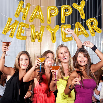 16-Pc Gold Happy New Year Balloons – 2024 NYE Backdrop & Party Decor