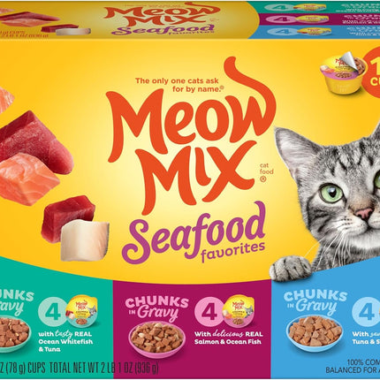 12-Pack Wet Cat Food Variety – Seafood Chunks in Gravy, 2.75 oz Cups