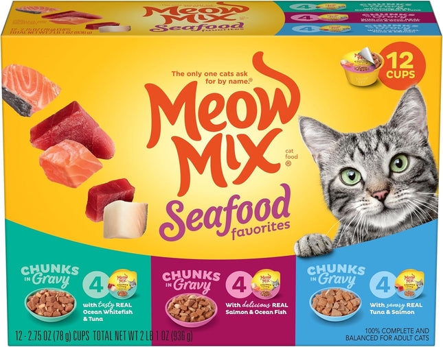 12-Pack Wet Cat Food Variety – Seafood Chunks in Gravy, 2.75 oz Cups