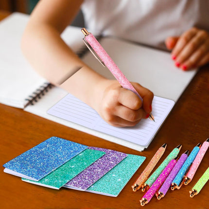 16 Pack Glitter Pens & Notepads – 8 Mini Notebooks, 8 Sparkly Ballpoint Pens, Gift Set