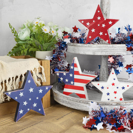 4 Pcs 4th of July Wooden Star Decor Patriotic Red White Blue Table Set
