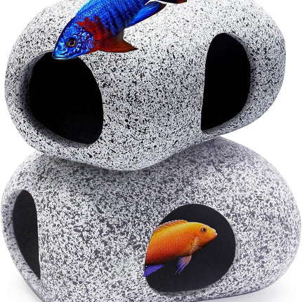 2 Pack Ceramic Aquarium Hideaway Rocks Betta Fish Tank Cave Breeding Decor