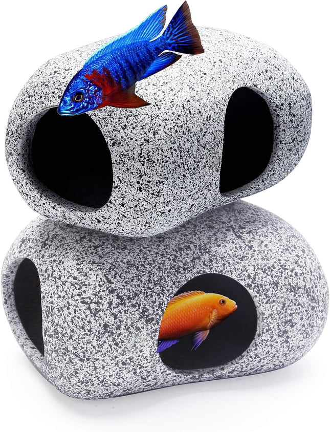 2 Pack Ceramic Aquarium Hideaway Rocks Betta Fish Tank Cave Breeding Decor