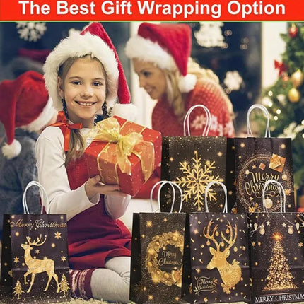 24 Pack Black Gold Christmas Gift Bags – Xmas Treat Bags with Handles