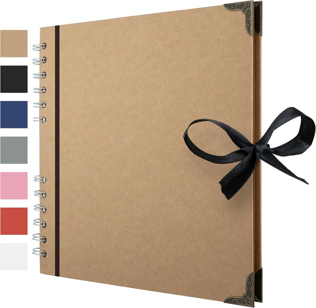 8x8 Inch Kraft Scrapbook Photo Album, 60 Pages, 200 GSM Paper, Ribbon Closure