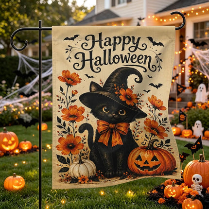 Happy Halloween Witch Black Cat Garden Flag 12x18in, Double-Sided Pumpkin Yard Decor