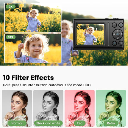Digital Camera 4K 64MP Point & Shoot 18X Zoom Kids Teens Photography Gift