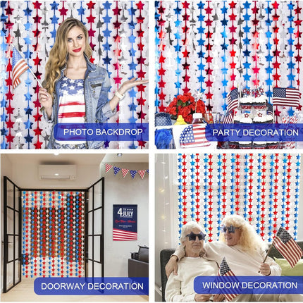 3 Pack 4th of July Star Tinsel Fringe Curtains Patriotic Party Backdrop