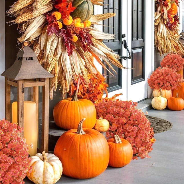 Artificial Fall Mums & Eucalyptus Bundles – UV-Resistant Orange Faux Flowers for Porch & Patio
