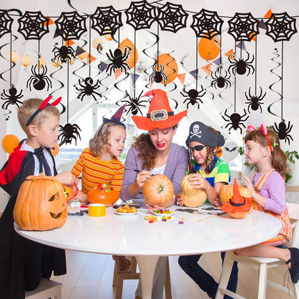 18-Piece Halloween Black Spider Web Decor, Hanging Swirls & Fireplace Party Banner