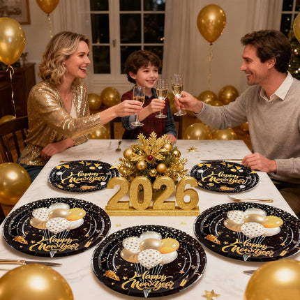 50 PCS New Year 2026 Paper Plates Black & Gold 9" & 7" Disposable Tableware