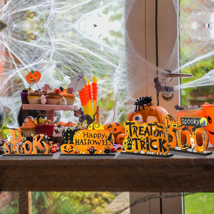 4-Piece Halloween Wooden Table Centerpieces, Pumpkin BOO Trick or Treat Signs