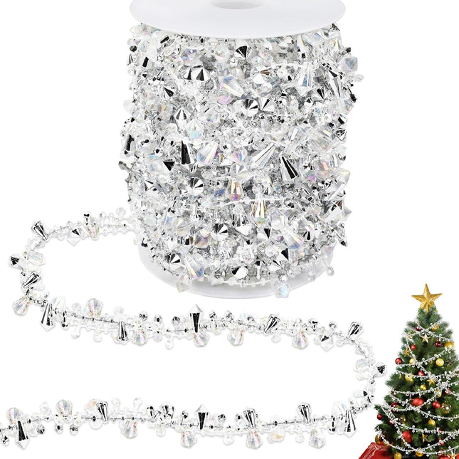 33ft Silver Christmas Tree Bead Garland – Clear Iridescent Twist String Decoration