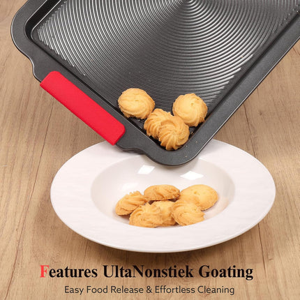 16x11in Nonstick Baking Sheet with Circle Grooves, Cookie Pan with Red Grips, Gray
