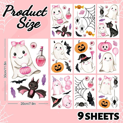 9-Sheet Pink Halloween Wall Stickers, Ghost Pumpkin Bat PVC Self-Adhesive Decals