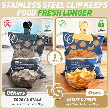 8-Pack Gold Chip Clips – 3” Stainless Steel Bag Clips for Food & Snacks