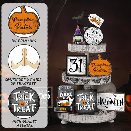 14-Piece Halloween Tiered Tray Decor, Ghost Pumpkin Wood Signs, Rustic Farmhouse