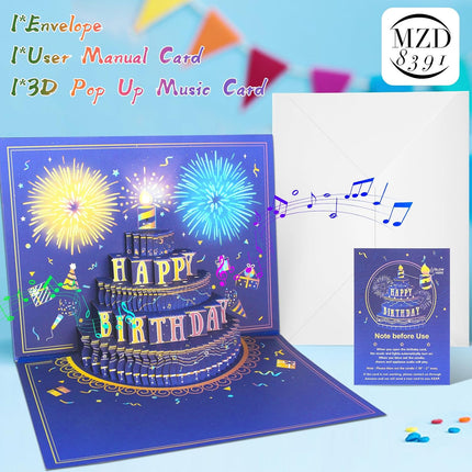 3D Musical Pop-Up Birthday Card, Lights, Fireworks & Candle, Birthday Gift for Mom & Dad