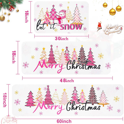 3 pcs Christmas Kitchen Rug Set Pink Tree & Snowman Washable Anti-Fatigue Mats