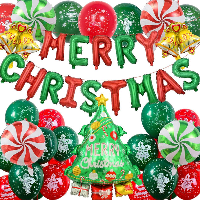 Merry Christmas Banner Balloons – Tree, Candy & Bell Balloons for Indoor/Outdoor