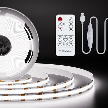 5V USB COB LED Strip Light – 6.56ft, Dimmable 6000K Daylight White with RF Remote