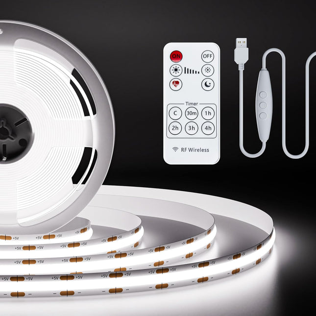 5V USB COB LED Strip Light – 6.56ft, Dimmable 6000K Daylight White with RF Remote