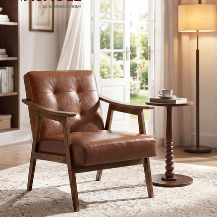 Tan PU Leather Accent Chair, Mid-Century Modern Button-Tufted Armchair with Thick Cushion