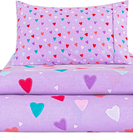 3-Piece Girls Twin Sheet Set, Purple Microfiber, Colorful Hearts Print, Kids Bedding