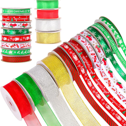 12 Rolls Christmas Ribbon 120 Yards 3/8" Wide Grosgrain Satin Organza Glitter