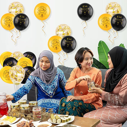 32 PCS Eid Mubarak Balloons – Black & Gold, 12", Includes 2 Ribbons
