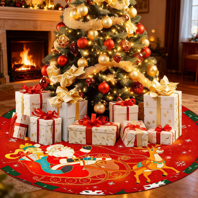 48" Christmas Tree Skirt – Vintage Santa Snowflake Red Xmas Decoration