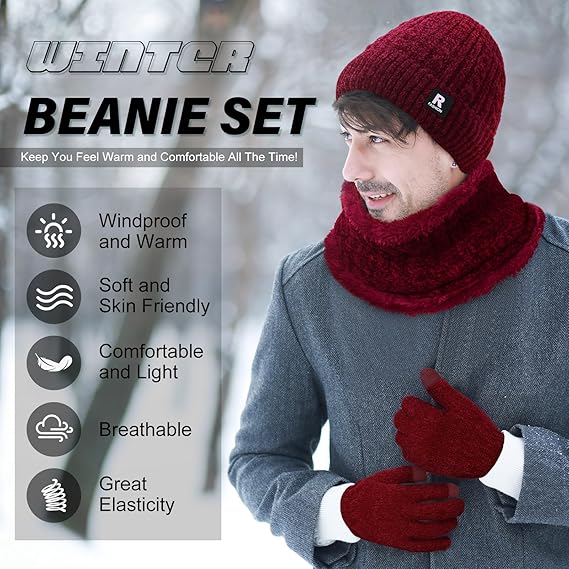 3PCS Winter Hat, Scarf & Gloves Set – Warm Fleece Lined Skull Cap & Gloves