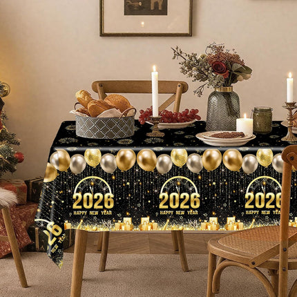 New Year 2026 Party Table Covers – 3-Pc Black & Gold Fireworks Tablecloths
