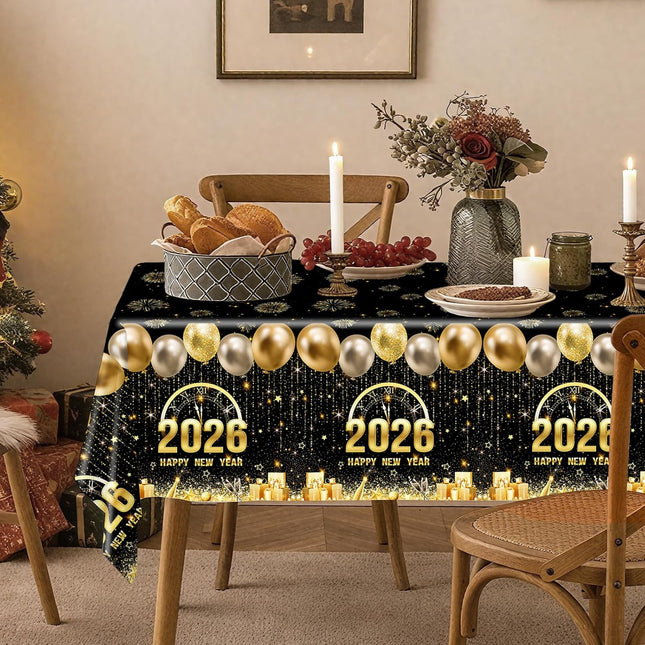 New Year 2026 Party Table Covers – 3-Pc Black & Gold Fireworks Tablecloths