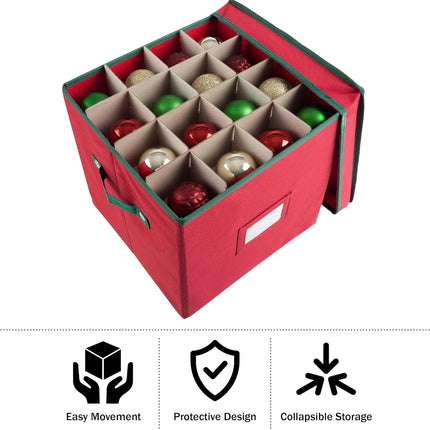 Christmas Decor Storage Box – Red Canvas Cube with 64 Dividers & Lid