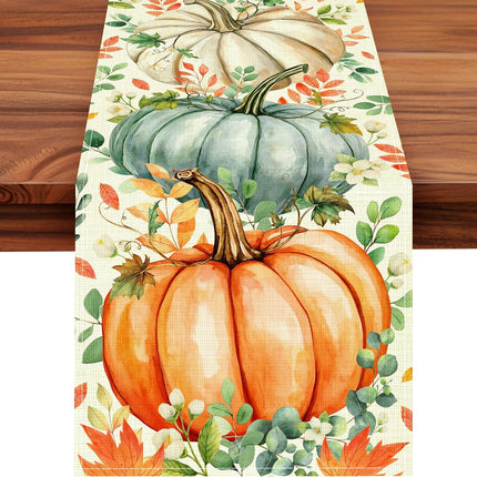 Thanksgiving Fall Table Runner 13x72, Pumpkin Eucalyptus Home Decoration