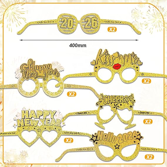 24-Piece Gold Happy New Year Glasses – Laser Photo Booth Party Props 2026