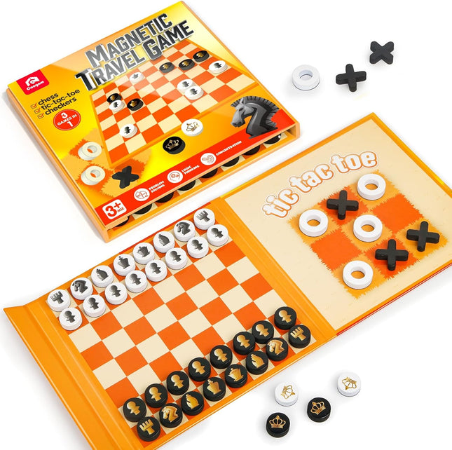 Magnetic Travel Chess Game Set with Checkers and Tic Tac Toe Family Fun