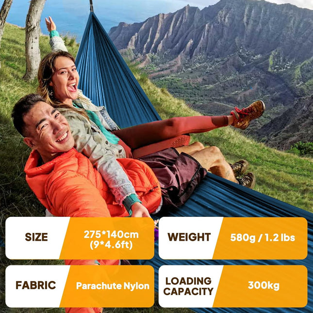Ultralight Camping Hammock, 300kg Capacity, Parachute Nylon, Carabiners & Tree Straps