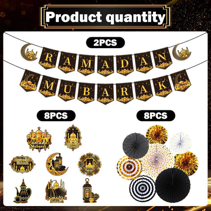 18PCS Eid Mubarak Decorations Kit: Banners, Paper Fans, Swirls & Islamic Themes