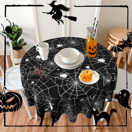 60in Round Black Halloween Spider Web Tablecloth, Waterproof Wipeable Table Cover