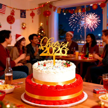 Happy New Year 2026 Cake Topper Mirror Gold Acrylic Party Decoration