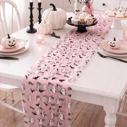 4-Pack Pink Halloween Table Runners 29x70in, Ghost & Bat Sheer Mesh Party Decor