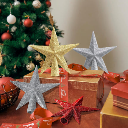 6 PCS Mini Christmas Tree Topper – 4" Glitter Star Ornaments (Silver, Red, Gold)