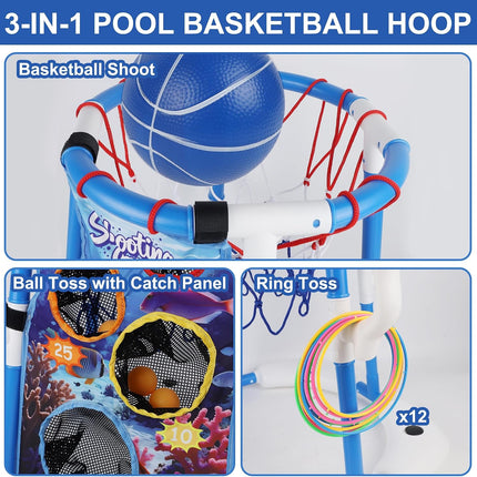 3-in-1 Pool Basketball Hoop Set, Floating Pool Toys with Balls & Rings, Kids