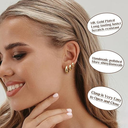 3-Pairs 14K Gold Plated Hoop Earrings – Small Hypoallergenic Huggies