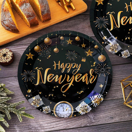 20-Piece 7in New Year Plates – Black & Gold Tableware for Party Decor