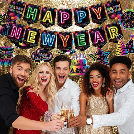 Happy New Year 2026 Decorations – Colorful Banner & Hanging Swirls Party Set